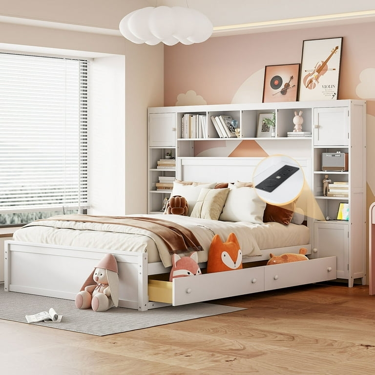Bookcase Bed with Charging Station: White Platform Storage Frame