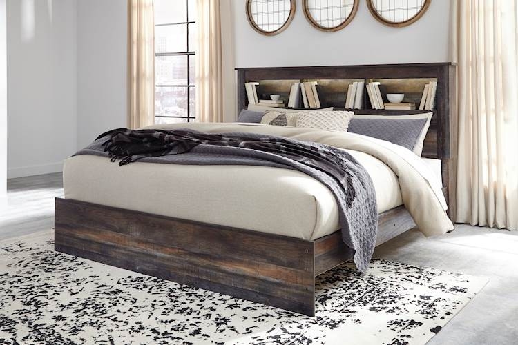 Bookcase Bed with Distressed Finish and Built-In Lighting