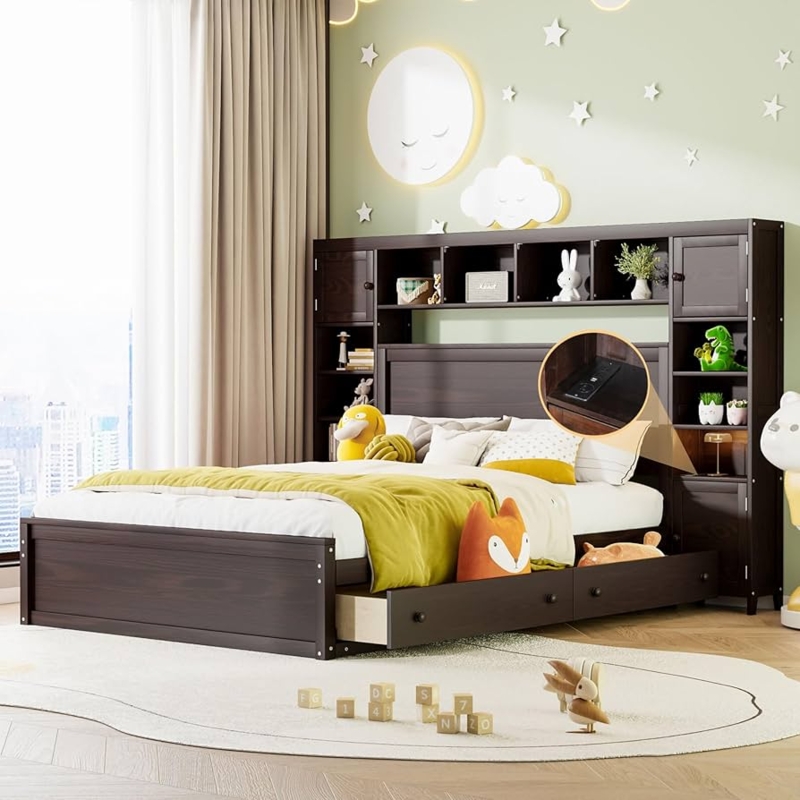 Bookcase Bed with Integrated Charging Station and Espresso Finish