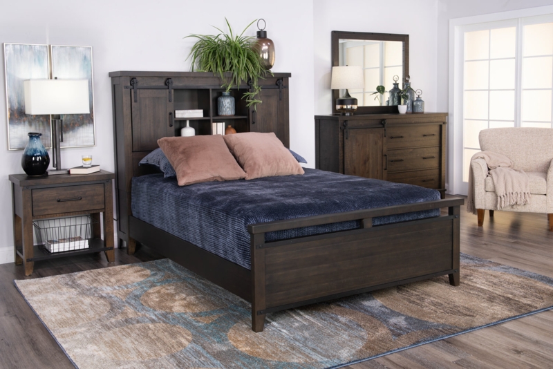 Bookcase Bed with Rustic Sliding Barn Doors and Dark Finish