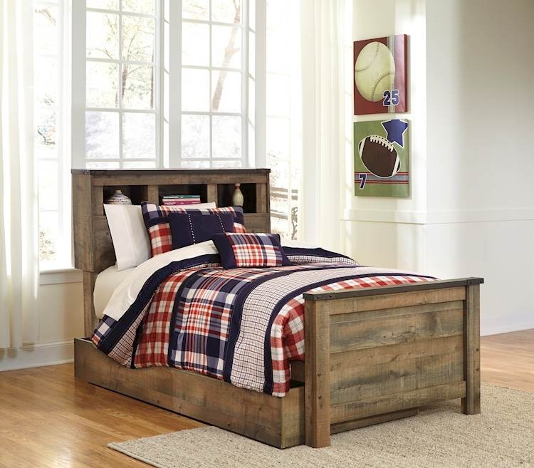 Bookcase Bed with Trundle Drawer and Rustic Finish for Kids Room
