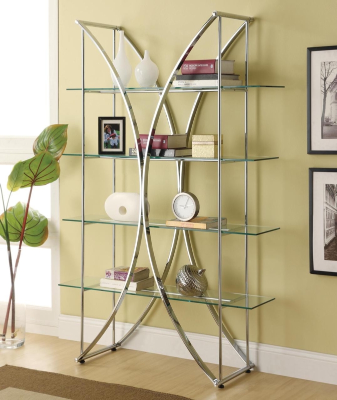Bookcase, Chrome Glass Curved X-Frame, Contemporary Open Shelving