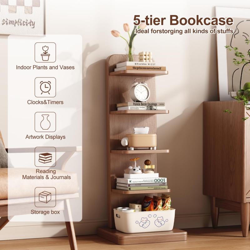 Bookcase Curved Top Warm Oak Brown Thickened Base Narrow Profile