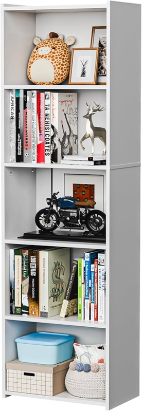 Bookcase Five Tier Manufactured Wood Matte White Narrow Storage Organizer