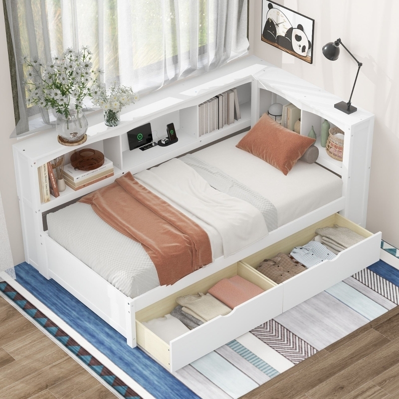 Bookcase Headboard Bed, Twin Daybed with USB Ports, L-Shaped