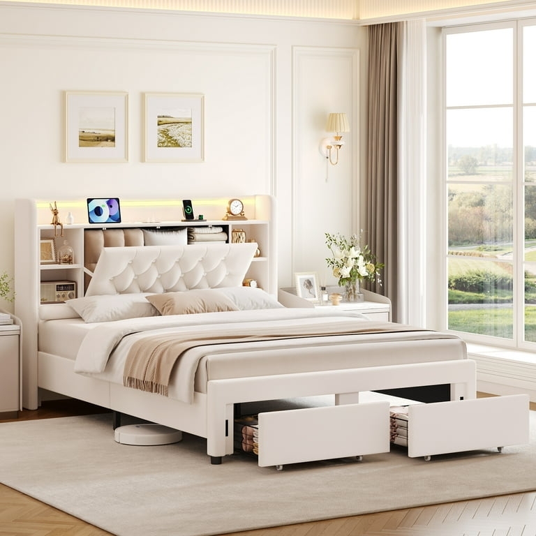 Bookcase Headboard Bed with Lights, Charging Station & Storage Drawers