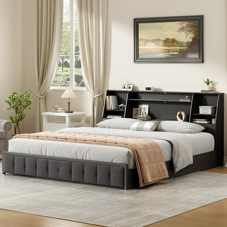 Bookcase Headboard Dark Grey Integrated Lighting Tufted Footboard