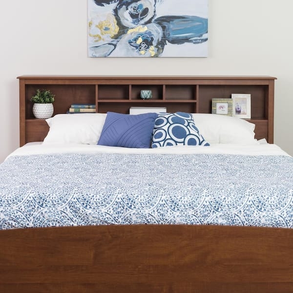 Bookcase Headboard featuring Six Storage Compartments in Cherry Brown