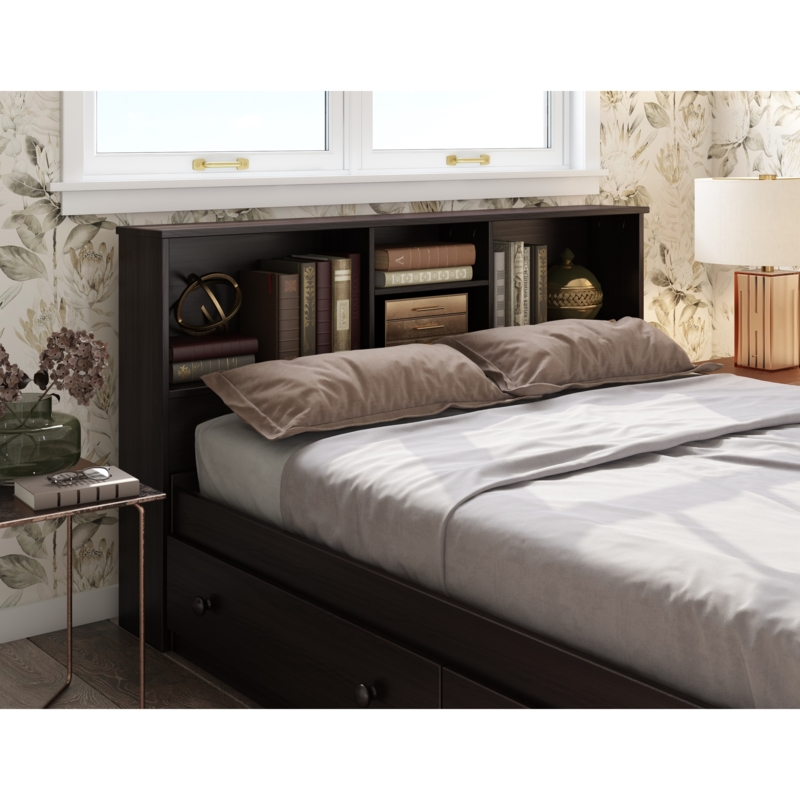 Bookcase Headboard in Dark Espresso Finish with Open Cubbies