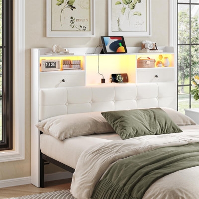 Bookcase Headboard in White with Integrated Lighting & Charging Station