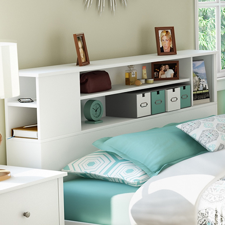 Bookcase Headboard Pure White Finish with Multi-Compartment Storage