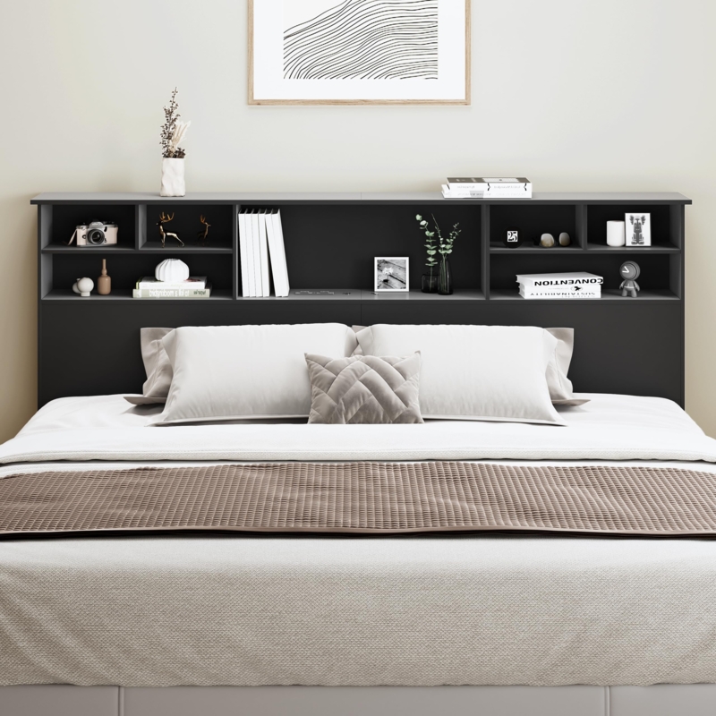 Bookcase Headboard with Built-in Charging Station and LED Lights