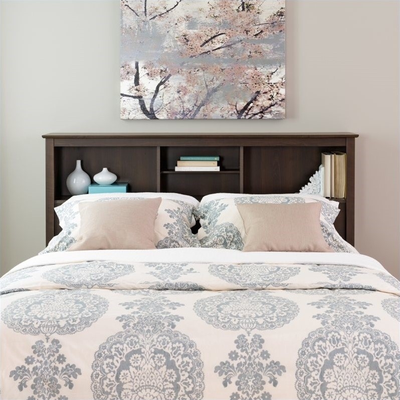 Bookcase Headboard with Cubby Storage and Espresso Finish