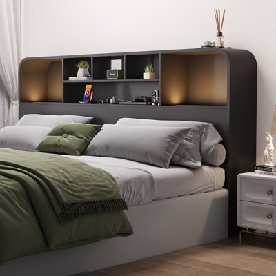 Bookcase Headboard with Integrated LED Lighting and Rounded Corners