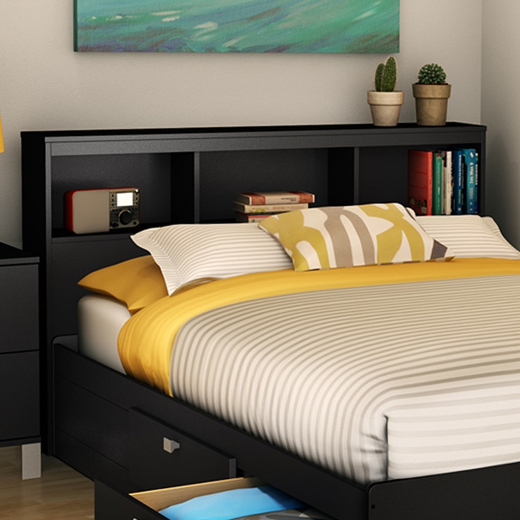 Bookcase Headboard with Matte Black Finish and Integrated Shelving
