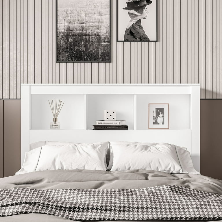 Bookcase Headboard with Minimalist Silhouette in White Finish