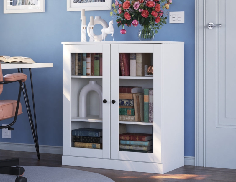 Bookcase in White Finish Low Profile Shaker Style Storage Unit