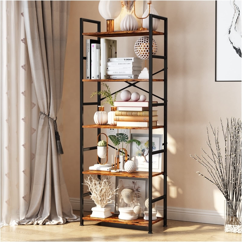 Bookcase Industrial 5-Tier Rustic Wood with X-Brace Support
