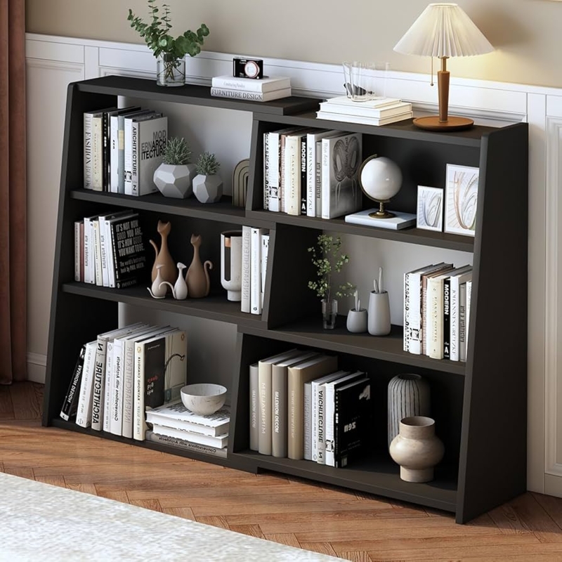 Bookcase Low Asymmetrical Stepped Silhouette Matte Black Tiered