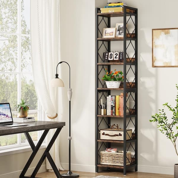 Bookcase Narrow 7-Tier Rustic Brown Wood X-Side Braces Metal Frame
