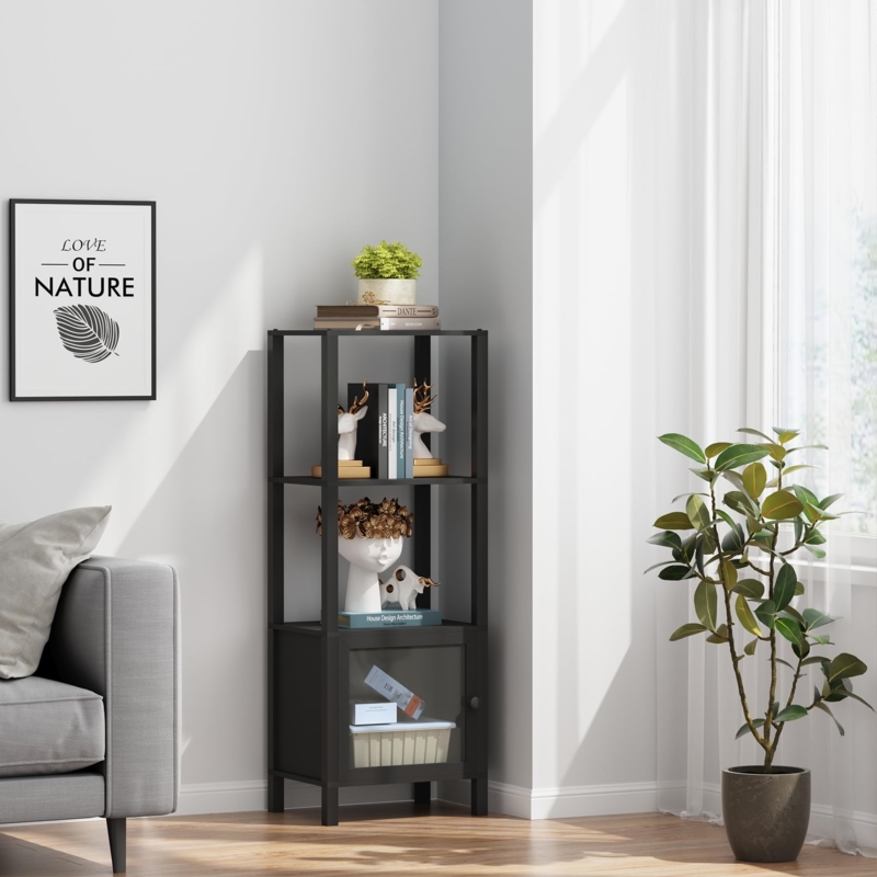 Bookcase Narrow Black 4-Tier Bottom Cabinet Door Small Space