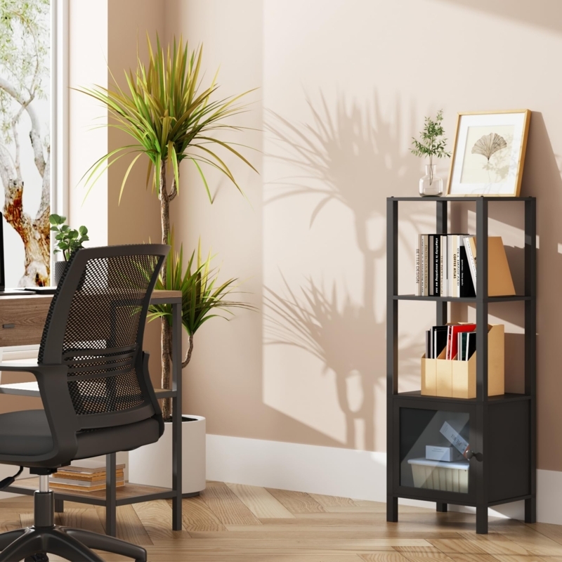 Bookcase Narrow Black 4-Tier Metal Frame Lower Cabinet Office