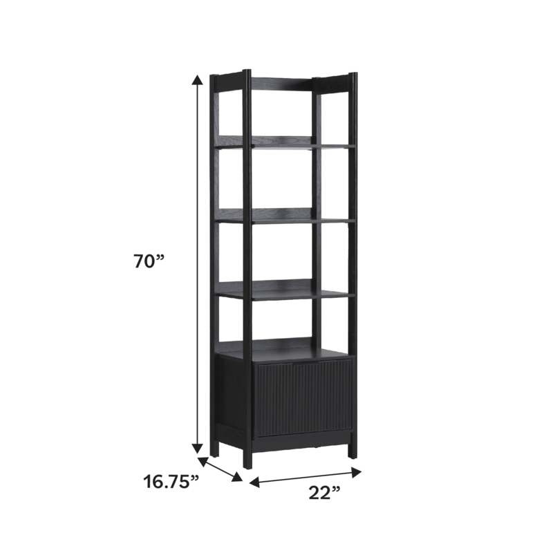 Bookcase Narrow Black 4-Tier Ribbed Drawer Ladder Back Transitional