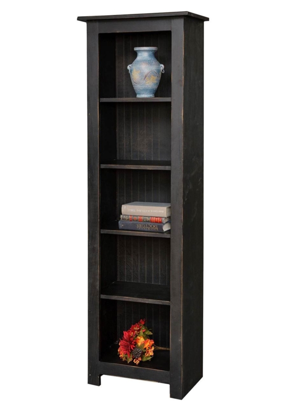 Bookcase Narrow Distressed Black Planked Back 5-Shelf Farmhouse
