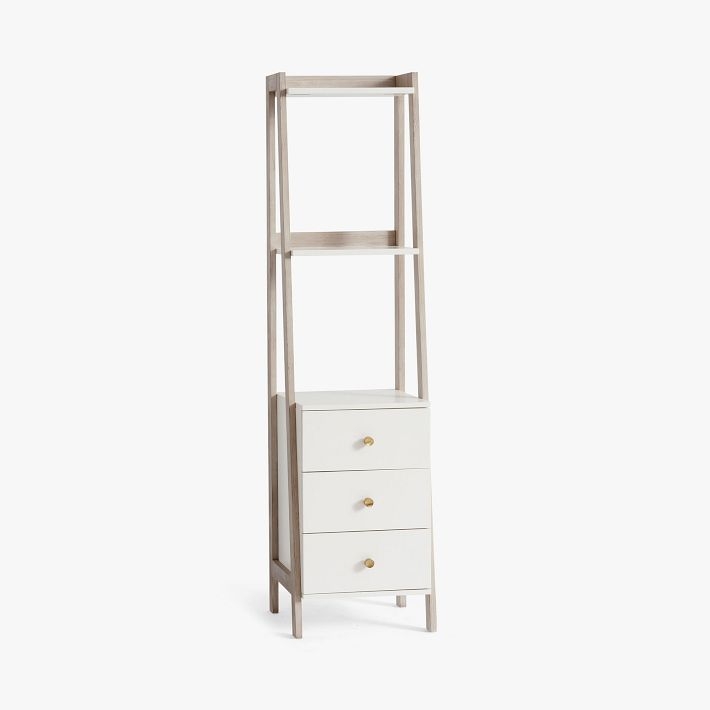 Bookcase Narrow Ladder Style Three Drawers Two Tone White Gray Storage Shelf