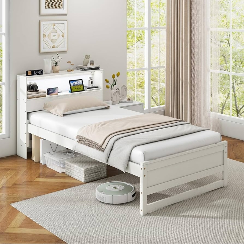 Bookcase Platform Bed with Integrated LED and Charging Station