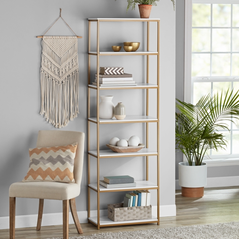 Bookcase Six Tier Design Slender Frame Minimalist Gold Shelving