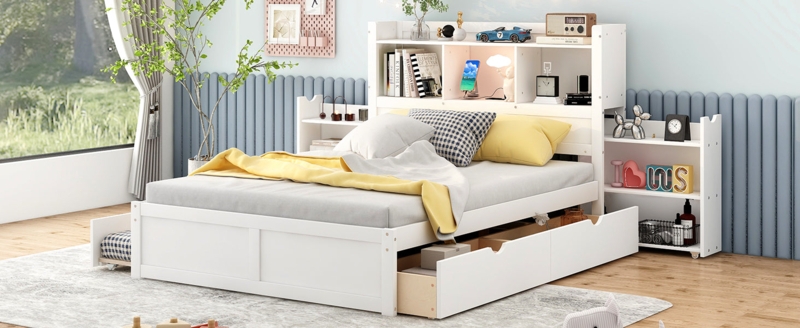 Bookcase Storage Bed with Trundle and Pull-Out Side Shelves in White