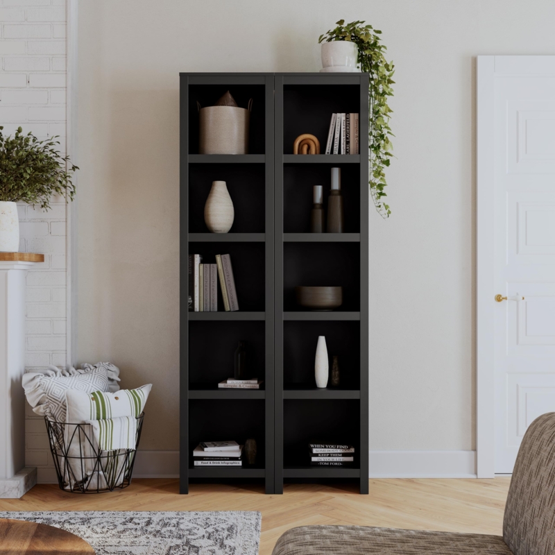 Bookcase Tall 80-Inch Narrow 5-Tier Matte Black Finish Minimalist