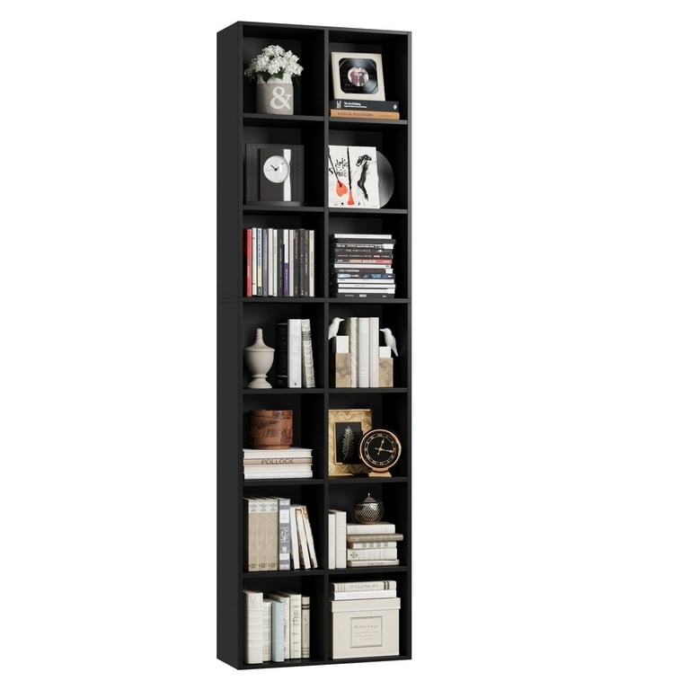 Bookcase Tall Narrow 14-Cubbies Double Column Matte Black Media