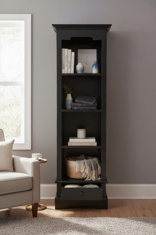 Bookcase Tall Narrow Matte Black Crown Molding Bottom Drawer Farmhouse