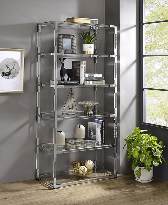 Bookcase, Tall Silhouette Chrome Metal, Contemporary Glass Shelves