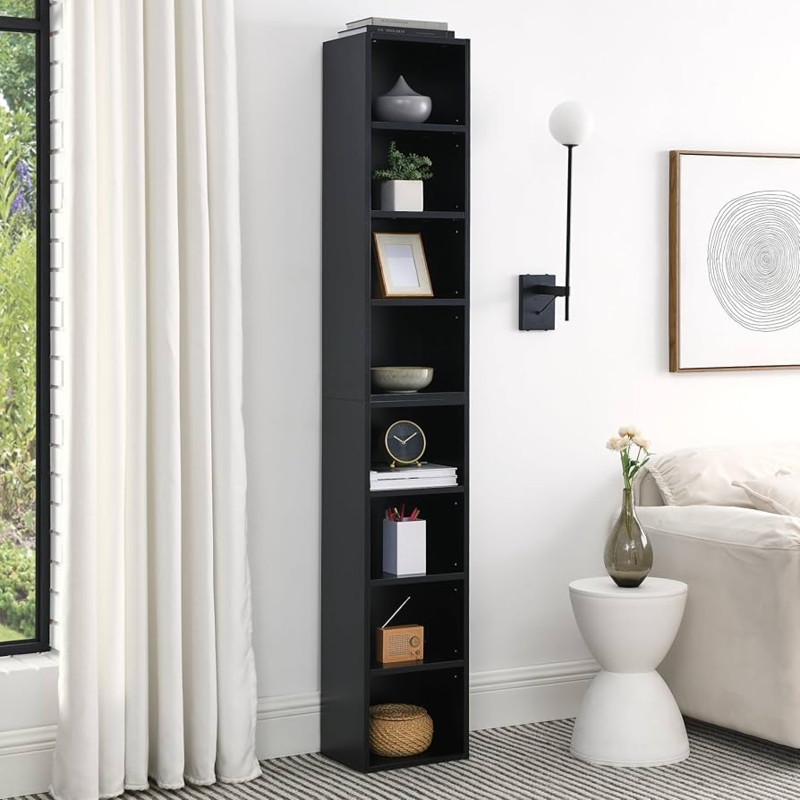 Bookcase Tall Ultra-Slim Matte Black Vertical Tower Minimalist