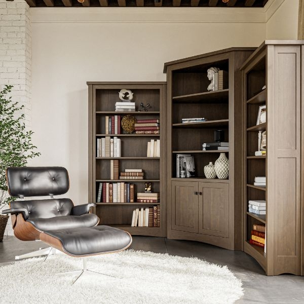 Bookcase Three-Piece Modular Set with Angled Corner Unit Wood
