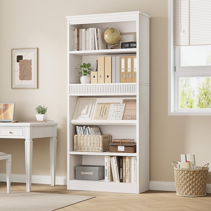 Bookcase, Transitional Fluted White Library Rack Detail