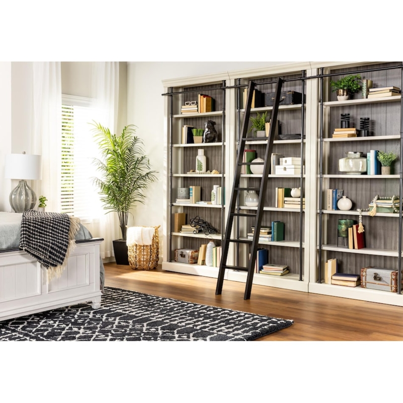 Bookcase Wall Unit with Sliding Library Ladder & Charcoal Back Panels