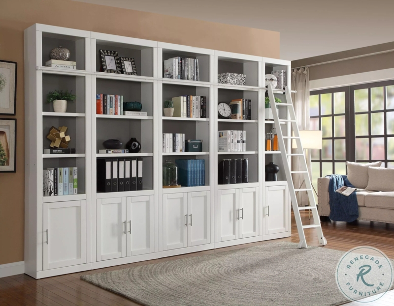 Bookcase Wall, White Sliding Ladder Shaker Library Unit