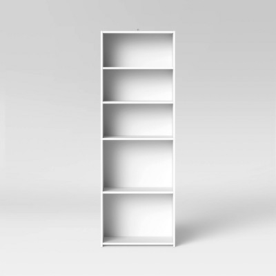 Bookcase White Slim Profile Five-Tier Contemporary Shelving Unit
