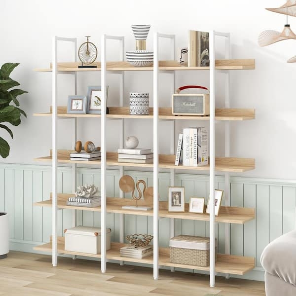 Bookcase Wide White Metal Ladder Frame Light Oak Shelving