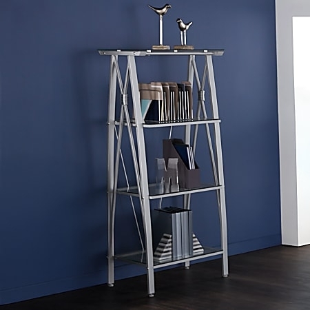 Bookcase with Glass Shelves and Silver Metal Frame, Four Tiers