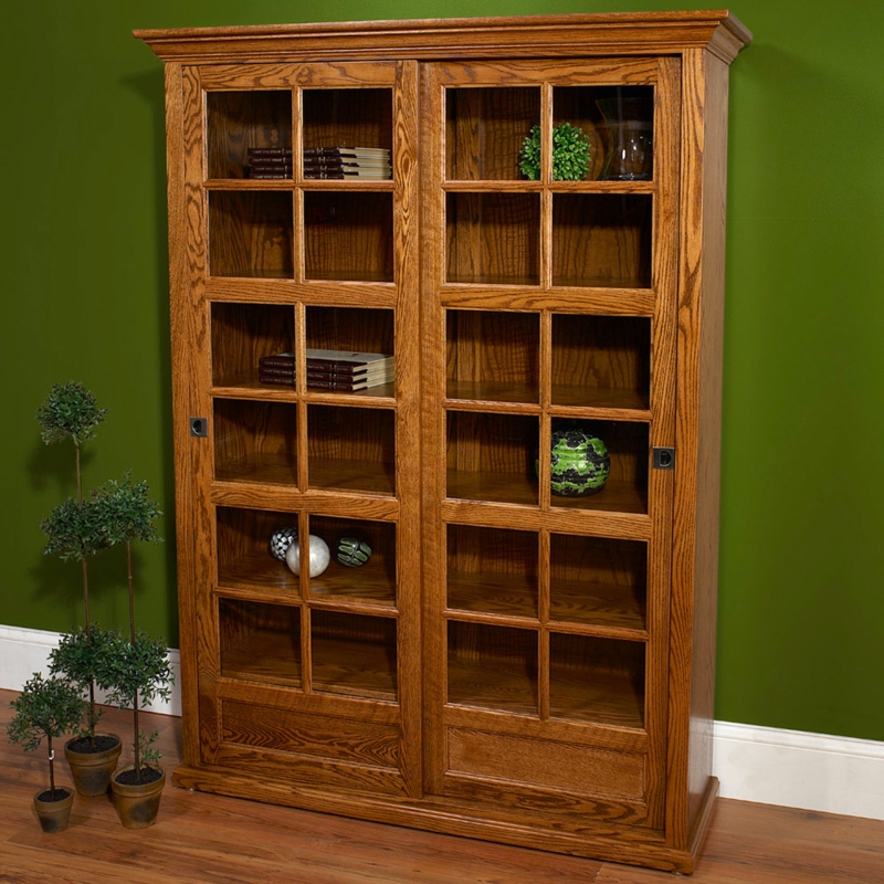Bookcase with Sliding Glass Doors Dark Espresso Finish Cabinet Base