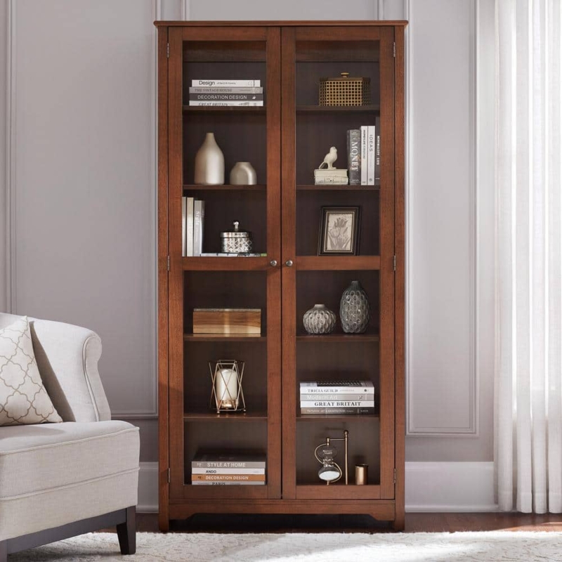 Bookcase with Walnut Finish and Glass Fronts Transitional Storage Shelf