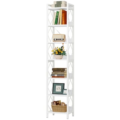 Bookcase, X-Frame Sides Narrow 6-Tier Coastal White Shelving