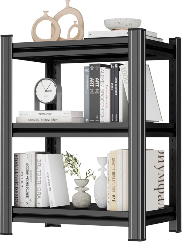 Bookshelf 3-Tier Adjustable Shelves Matte Black Metal Industrial