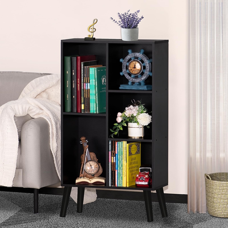 Bookshelf 3-Tier Matte Black Asymmetrical Cubes Tapered Legs Small