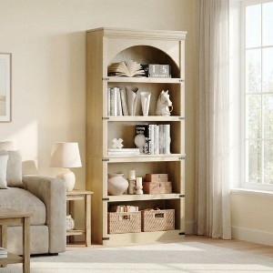 Bookshelf Arched Top 5-Tier Light Wood Black Metal Corners